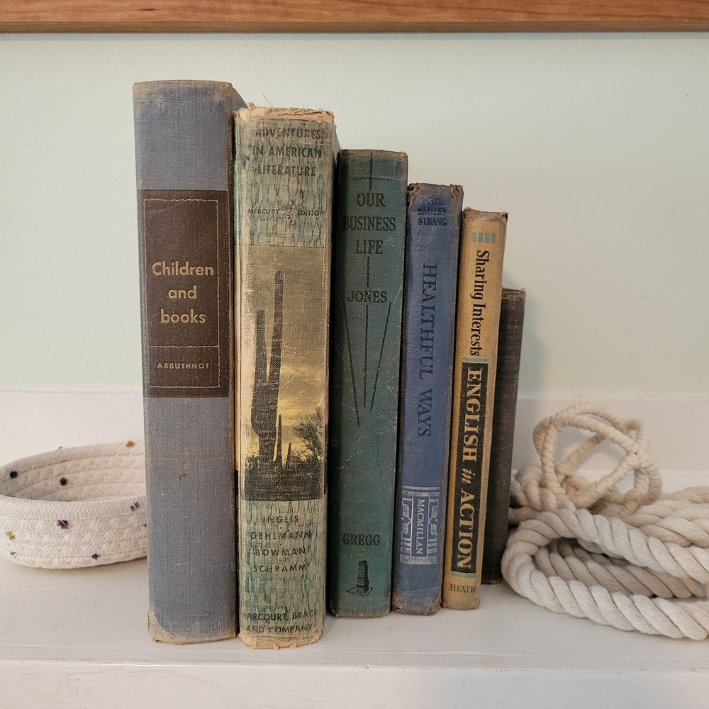 Vintage 6 Blue Book Set Lot Staging Decor‎ Retro Prop Shelf Mantle Centerpiece